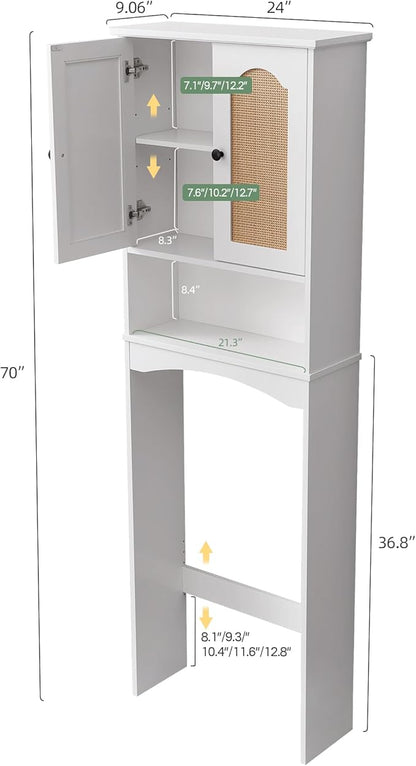 Over The Toilet Storage Cabinet, Above Toilet Organizer with 2 Rattan Doors, Modern White Finish, 24x70 inch Space Saving Freestanding Bathroom Cabinet
