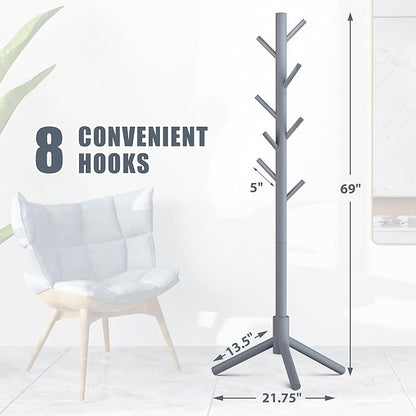 Haddockway Wooden Coat Rack Stand with 8 Hooks New Zealand Pine 3 Adjustable Coat Standing Tree Easy Assembly for Coats, Hats, Scarves and Handbags for Entryway, Hallway, Bedroom, Office
