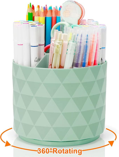 Cute Pencil Holders For Desk,360-Degree Rotating Pen Holders For Home Office,Diamond-like Pen Organizer With 5 Compartments,Stylish Desk Accessories For Office,School ,Home ,Art Supply (Green)
