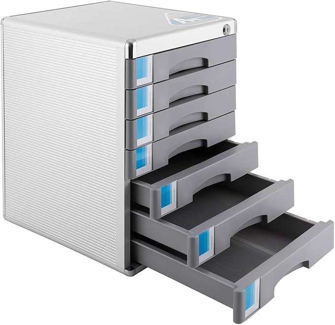 Desk Organizer with 7 Drawers, Metal Desktop Storage Cabinet File Holder with Locks and Keys, Filing Case Literature Organizer for Office Home, L11.8*D14*H16in, Silver & Grey