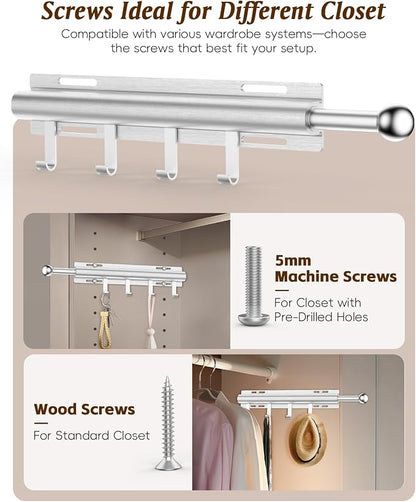 Supforce Valet Rod for Closets, 12" Valet Rod With 4 Hooks, Closet Organizer Slide Out Clothing Hanger Rods Extender Perfect for Suits,Dresses,Belt,Tie, Black