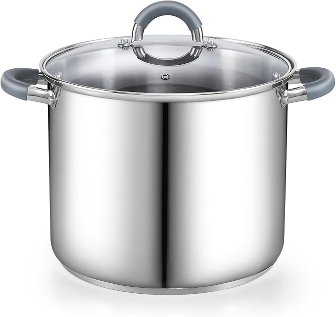 Cook N Home Basics 8 Quart Stainless Steel Stock Pot with Lid, Cooking Pot for Pasta, Soup, Stay-Cool Silicone Handle, Stockpot with Even Heating, Oven Safe, Cookware for Canning, Boiling, Simmer