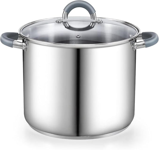 Cook N Home Basics 8 Quart Stainless Steel Stock Pot with Lid, Cooking Pot for Pasta, Soup, Stay-Cool Silicone Handle, Stockpot with Even Heating, Oven Safe, Cookware for Canning, Boiling, Simmer