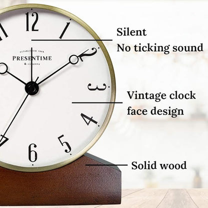 Presentime & Co Mozart Mantel Alarm Clock, Desk and Shelf Clock, Tabletop Decoration, 6 x 5.5 inch, Silent no Ticking, Wooden Base, Walnut Finish, Golden Color, Arabic Numeral