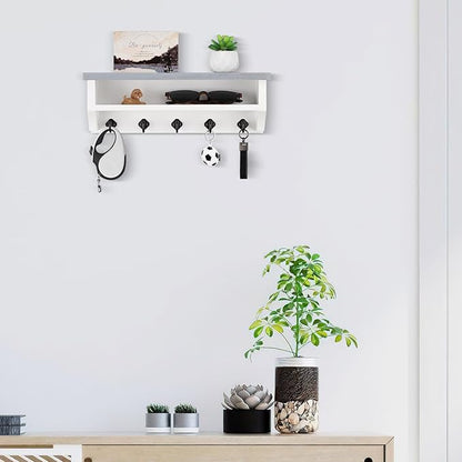 Nekon Key Holder Wall Mount, Wall Organizer Shelf with 5 Key Hooks, Room Decor for Home and Apartment Essentials, Gray and White