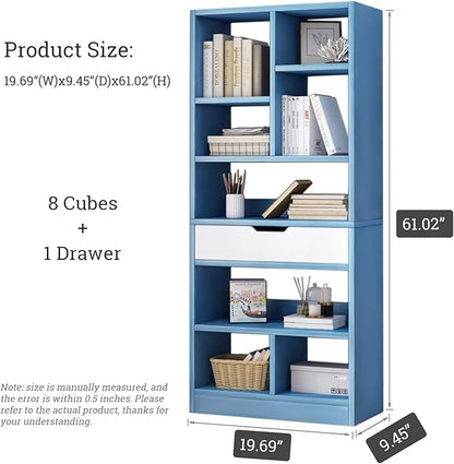 IOTXY Wooden Open Shelf Bookcase - 61" Height Freestanding Display Storage Cabinet Organizer with 8 Cubes and a Drawer, Floor Standing Bookshelf, Blue