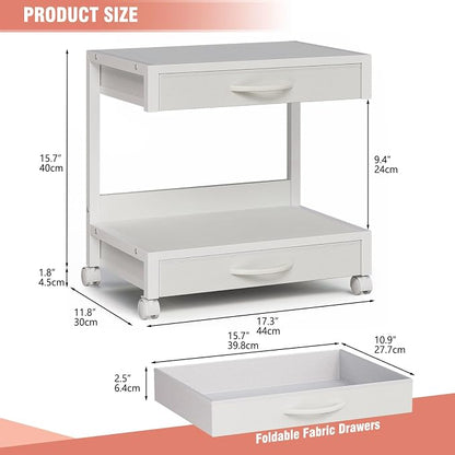VENNQD 2-Tier Desktop Printer Stand with 2 Fabric Drawers, Prtiner Table with Storage Shelf, Desk Organizer for Home Office,3D Printer,Fax Machine,Scanner (White, 2 Tier)