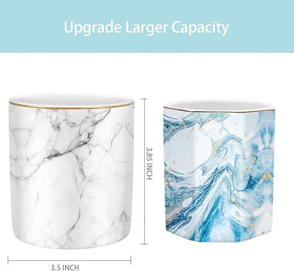 WAVEYU Pen Holder for Desk Cute, Modern Marble Desk Organizer, Durable Ceramic Pencil Cup, Makeup Brush Holder Cup, Multifunctional Office Stationery Holder for Women, Men, White Marble