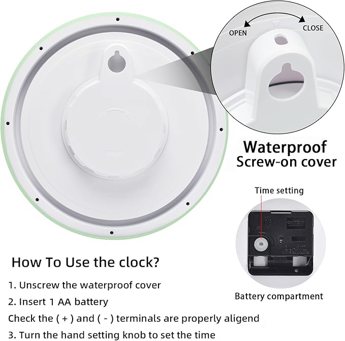 Caysie 12 Inch Sealed Indoor Outdoor Waterproof Wall Clock, Durable Silent Non-Ticking Battery Operated Quality Quartz Round Clock, Wall Decorative for Patio, Pool, Bathroom (Green)