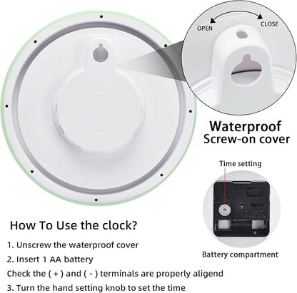 Caysie 12 Inch Sealed Indoor Outdoor Waterproof Wall Clock, Durable Silent Non-Ticking Battery Operated Quality Quartz Round Clock, Wall Decorative for Patio, Pool, Bathroom (Green)