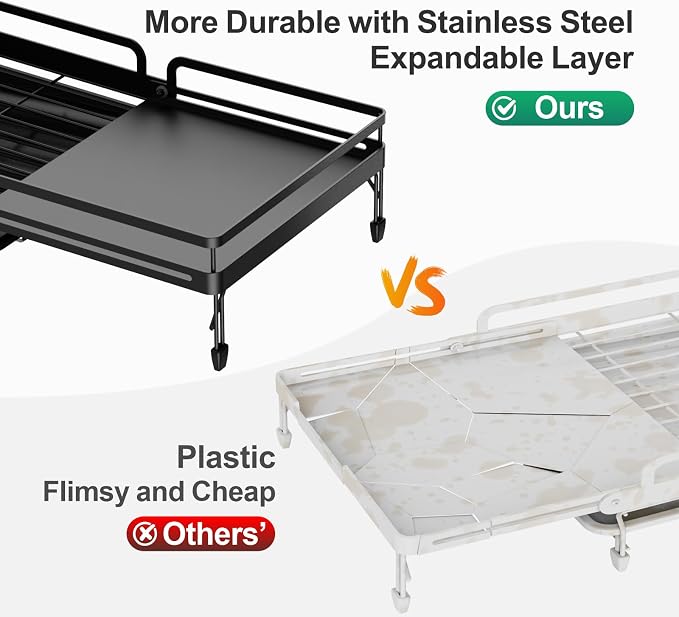 GSlife Large Expandable Dish Drying Rack for Kitchen Counter - Adjustable Dish Drainer with Pans Slots, Rust-Resistant Dish Rack with Utensil Holder and Drainboard, 16.5"-24.4" L x 12.6" W Black
