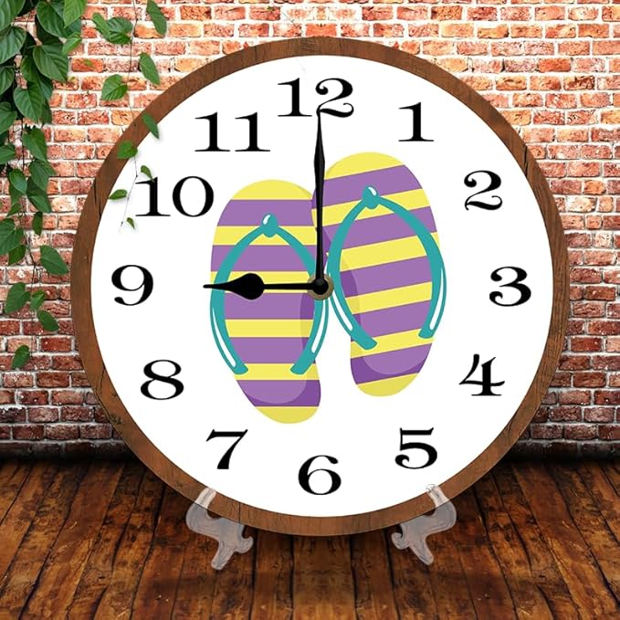Flip Flops Wall Clock 10 Inch Silent Non Ticking Battery Operated Wooden Modern Office Simple Minimalist Clock Decorative for Kitchen Home Bathroom Living Room