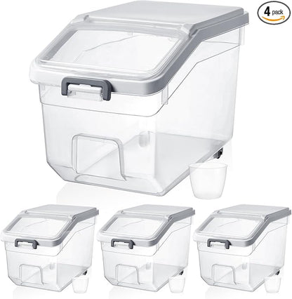 Sunnyray 4 Pcs Rice Storage Container 22 lb Airtight Flour Container with Wheels Measuring Cup Clear Pet Food Cube Dog Cat Birds Food Bin Grain Cereal Organizer Box for Dry Baking Supplies(White Lid)