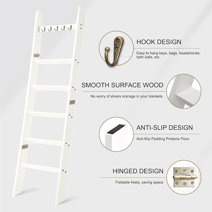 TEAKMAMA 6-Tier Blanket Ladder for Living Room and Bedroom,5.4 Ft Wall Leaning Quilt Rack with Hooks,Rustic Decorative Farmhouse Blanket Storage,Stylish Ladder Holder,Easy to Assemble,White