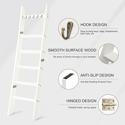 TEAKMAMA 6-Tier Blanket Ladder for Living Room and Bedroom,5.4 Ft Wall Leaning Quilt Rack with Hooks,Rustic Decorative Farmhouse Blanket Storage,Stylish Ladder Holder,Easy to Assemble,White