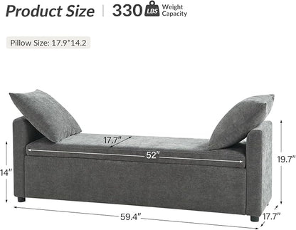 HULALA HOME Modern Storage Bench with Throw Pillows, 59.4" Extra Long Bedroom Ottoman Bench for End of Bed, Comfy Upholstered Footstool for Entryway Dining Room Living Room, Charcoal