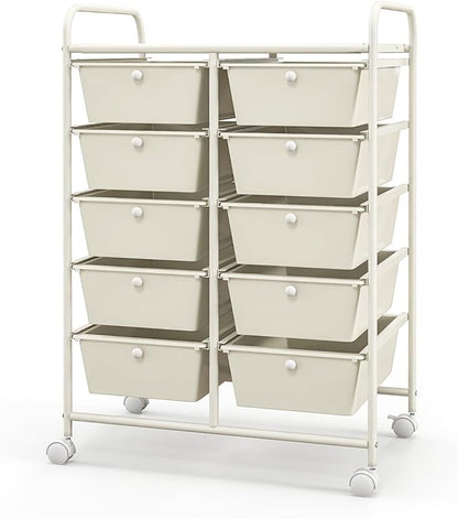 Giantex 10 Drawers Rolling Cart, Classroom Organizers, Storage Cart with Wheels, for Teacher Office Home School Supplies Tool Craft Art Paper, Ivory Color