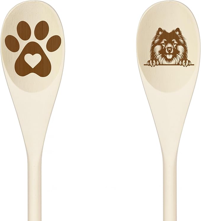 KEESHOND Wooden Spoons for Cooking, Serving or Decorative Kitchen Utensils Set Dog Lover Dog Mom/Dad Gift with Peeking Dog Designs, Paw Print and Dog Head, Kitchen Utensils Set of 2