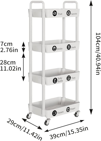 Laiensia 4-Tier Storage Carts,Multifunction Utility Rolling Cart Kitchen Storage Organizer,Mobile Shelving Unit Cart with Lockable Wheels for Bathroom,Laundry,Living Room,With Classified Sticker,White