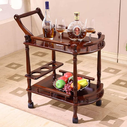 Entertainment Kitchen Cart, Midcentury Modern Imported rubberwood Brown Finished Wood 2-Tier Mobile Bar Cart Serving Cart