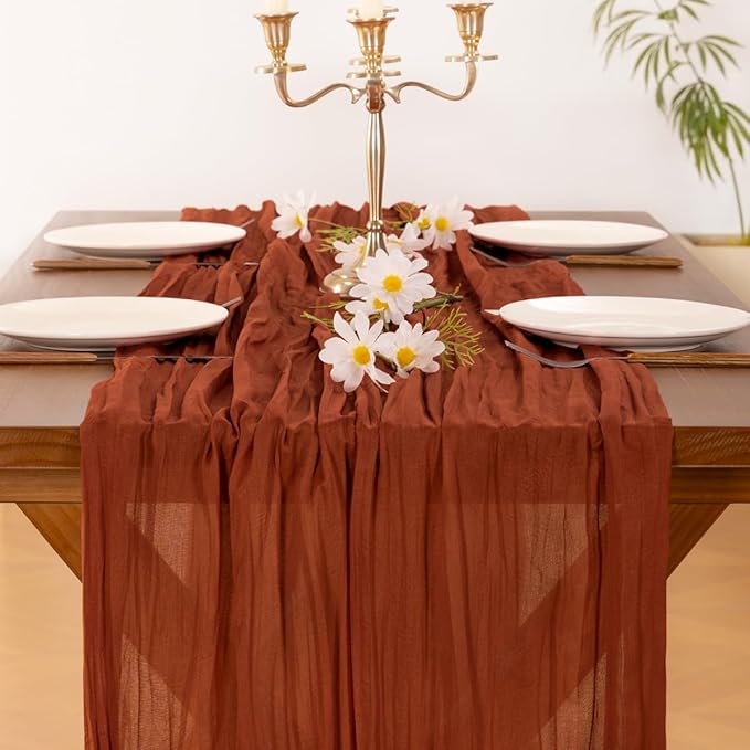 Socomi 3pcs Terracotta Valentine's Day Cheesecloth Table Runner Boho Rustic Gauze 120 inch 10FT Cheese Cloth Runner for Wedding Party Baby Shower Birthday Home Decor Holiday Decorations