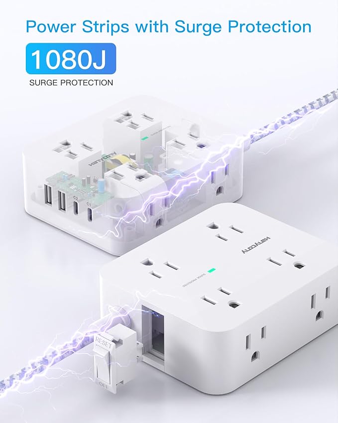 PD 30W USB C Power Strip Surge Protecor, HANYCONY 8 Outlets 4 USB(2 USB C Ports), 1080J Desk Charging Station for Multiple Devices, 6 Ft Flat Plug Extension Cord for College Dorm Room Essentials