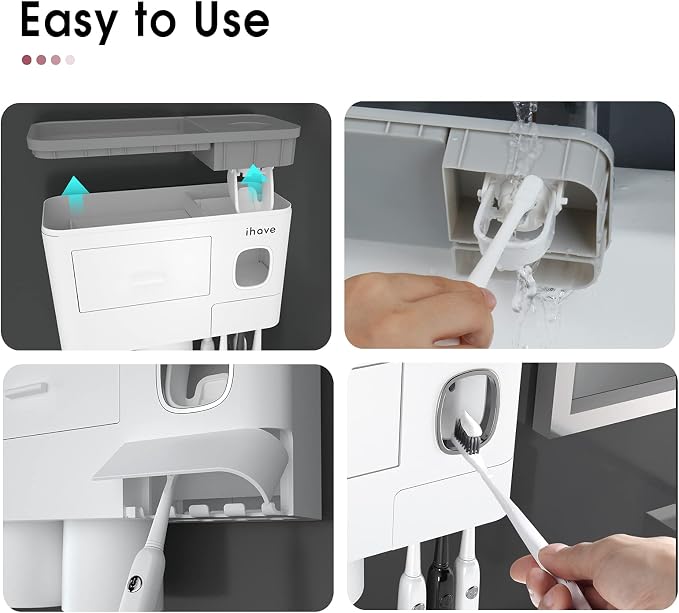iHave Toothbrush Holders for Bathrooms, 2 Cups Toothbrush Holder Wall Mounted with Toothpaste Dispenser - Large Capacity Tray, Cosmetic Drawer - Bathroom Decor & Bathroom Accessories