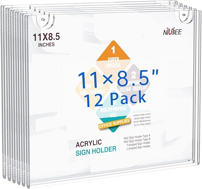 NIUBEE 12-Packs Acrylic Wall Sign Holder 8.5x11 Horizontal, Clear Plastic Picture Frames , Wall Mounted Design.