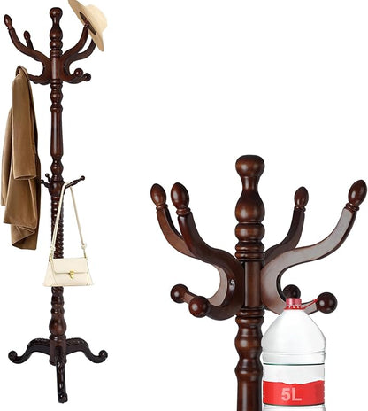 Wooden Coat rack freestanding, Coat racks stand with 11 Hook, Heavy duty coat tree standing 2 Adjustable Heights for Bedroom, Entryway, Hallway, Office,Stury Base (Brown triangle)