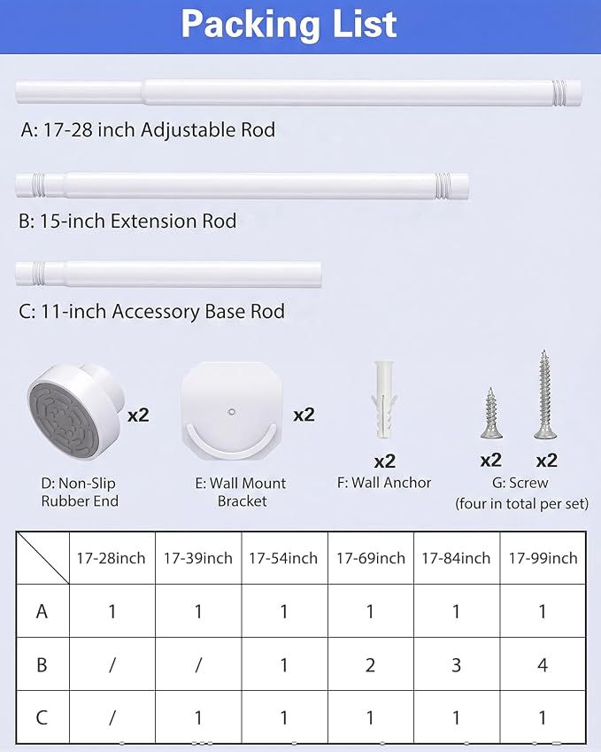 Supforce No Drilling Closet Rods for Hanging Clothes, Non Slip Tension Rod with Heavy Duty Clothes Hanging Rod, 17-54 Inches Adjustable Spring Closet Rod for Closet Wardrobe Bathroom Laundry RV, White