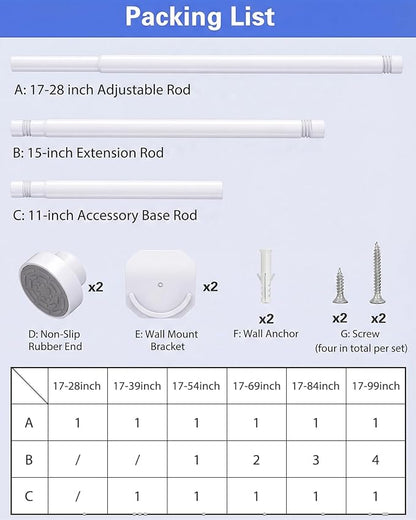 Supforce No Drilling Closet Rods for Hanging Clothes, Non Slip Tension Rod with Heavy Duty Clothes Hanging Rod, 17-54 Inches Adjustable Spring Closet Rod for Closet Wardrobe Bathroom Laundry RV, White