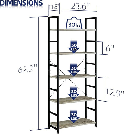 NUMENN 5 Tier Bookshelf, Tall Bookcase Shelf Storage Organizer, Modern Book Shelf for Bedroom, Living Room and Home Office, Grey