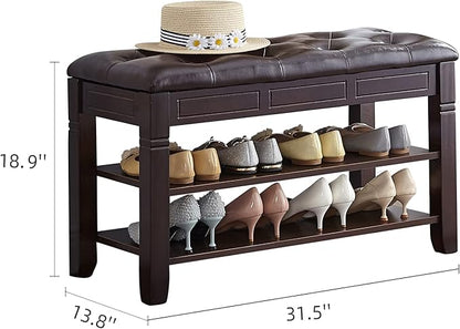 Shoe Storage Bench, Entryway Shoe Rack with Fiberleather Seat 2-Tier Lift Top Organizer Wooden Shoe Bench for Entryway Hallway Living Room (Dark Brown 31.5x13.8x18.9'')