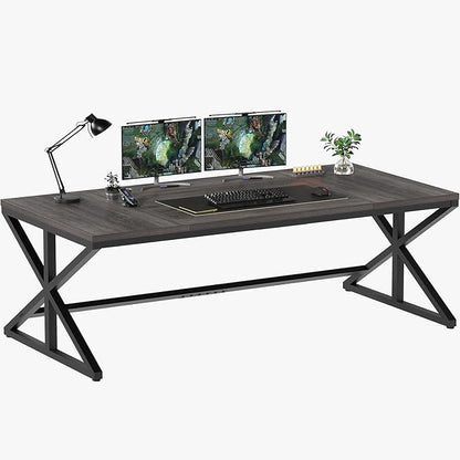 IBF Long Grey Computer Desk, Modern Large Wood Metal Office Desk, Industrial Pc Study Gaming Writing Table for 2 Person, Executive Workstation for Home Bedroom Living Room, Dark Gray, 70 Inch