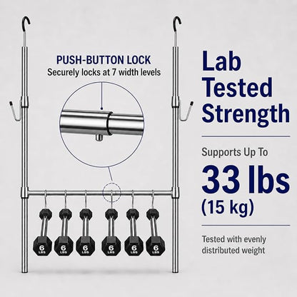 Adjustable Closet Rod Extender with Hooks, Expandable Double Hanging Organizer for Closets, Kids' Wardrobe & Laundry Room, No Tool Assembly, Metal Tension Pole, Chrome Finish