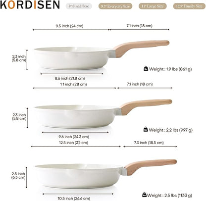 Kordisen Nonstick Ceramic Frying Pan Set, 3 Piece Ceramic Skillet Set, Healthy Non Toxic Cooking Pan, Stay-Cool Handle, Induction Compatible, PFOA & PFAS Free, White(9.5, 11, 12.5 Inch)