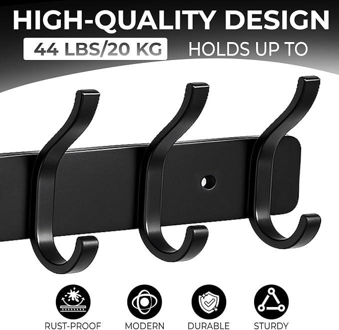 Dntorx Coat Rack Wall Mount, 1 Pack Coat Hooks Hanger Wall Double Hook Rack Rail Towel Hat Rack Entryway Bathroom Hanger Organizer for Robes, Clothes, Bags, Hat(Black)