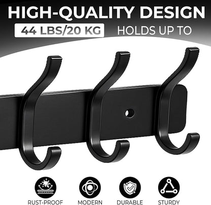 Dntorx Coat Rack Wall Mount, 1 Pack Coat Hooks Hanger Wall Double Hook Rack Rail Towel Hat Rack Entryway Bathroom Hanger Organizer for Robes, Clothes, Bags, Hat(Black)