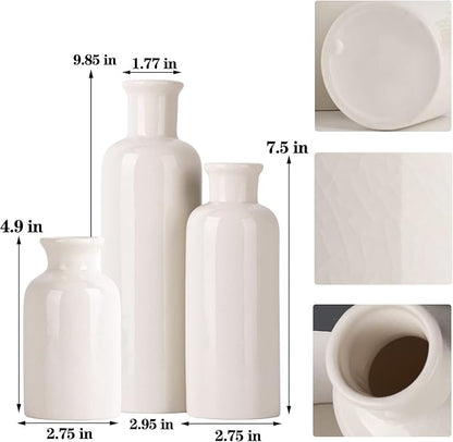 White Ceramic Vase Set - 3 White Small Vases, Farmhouse Country Flower Vase Home Decor, Living Room Decoration, Table Decoration, Fireplace Decor, and Entrance Decorations Centerpieces