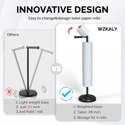 Freestanding Toilet Paper Holder Stand with Storage – Holds 4 Extra Rolls –Matte Black- Toilet Paper Holder for Bathroom – Sturdy Base, Classic Retro Style, Space-Saving Bathroom Storage
