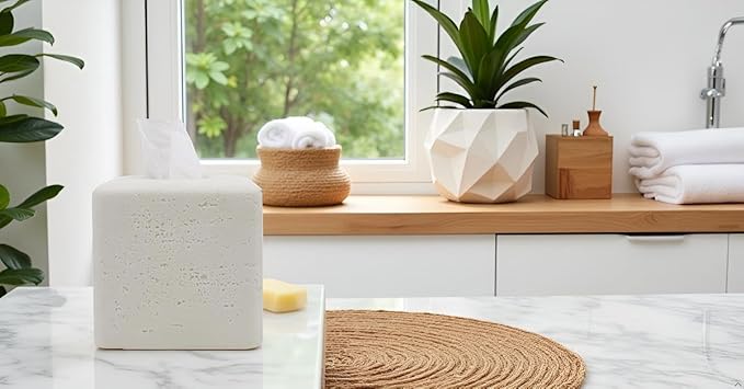 Travertine Tissue Box Cover Square Decorative Stone Klenex Box Holder for Bathroom & Living Room with Handcrafted Texture (Light White)