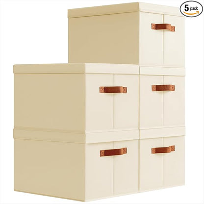 Homsorout Storage Bins with Lids - Large Fabric Closet Bins with Lid, 5 Pack Clothes Organizers and Storage, Collapsible Stackable Cube Basket for Home, Office, Dorm, Beige