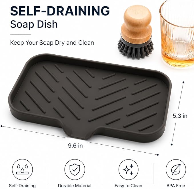 MicoYang Silicone Soap Dish with Drain Spout — Self-Draining Sink Organizer Tray for Bathroom & Kitchen, Sponges, Dispensers & Soap Holder, Non-Slip & Dishwasher Safe, Coffee (Medium, 9.6"×5.3")