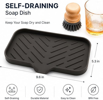MicoYang Silicone Soap Dish with Drain Spout — Self-Draining Sink Organizer Tray for Bathroom & Kitchen, Sponges, Dispensers & Soap Holder, Non-Slip & Dishwasher Safe, Coffee (Medium, 9.6"×5.3")