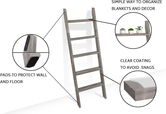 FUIN 5ft (58") Wood Blanket Ladder Living Room Decorative Wall Leaning Farmhouse Quilt Display Holder Shelf Rustic Wooden Towel Rack for Bathroom, Grey