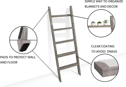 FUIN 5ft (58") Wood Blanket Ladder Living Room Decorative Wall Leaning Farmhouse Quilt Display Holder Shelf Rustic Wooden Towel Rack for Bathroom, Grey