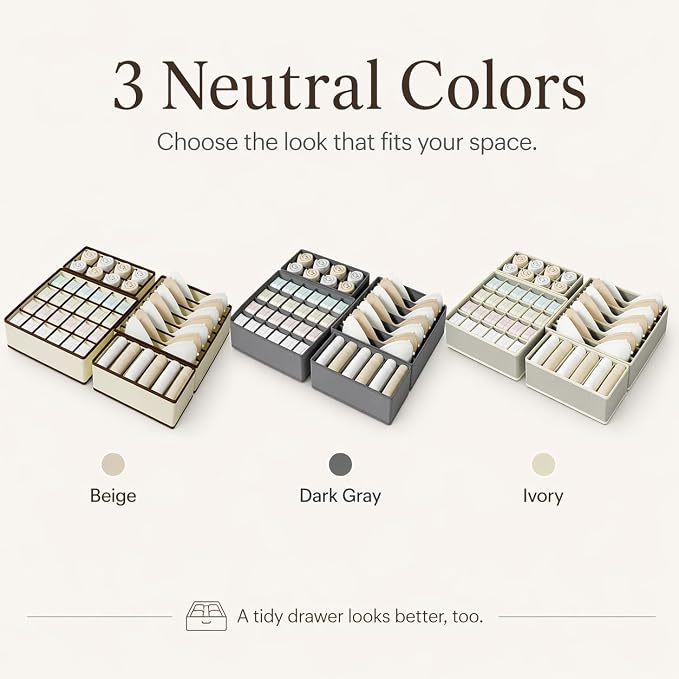 Drawer Organizer Clothes Set, 4 Pack Foldable Dresser Closet Dividers (6/8/7/24-Cell), Non-Woven Underwear & Sock Drawer Organizer, Bra/Tie/Belt Storage Bins (Dark Grey)