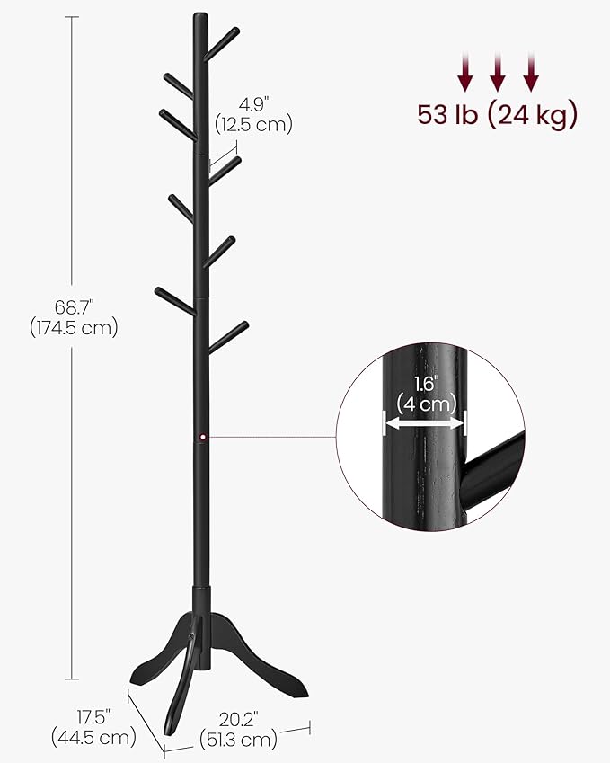 VASAGLE Solid Wood Coat Rack, Free Standing Tree-Shaped Coat Rack with 8 Hooks, 3 Height Options, for Clothes, Hats, Bags, Living Room, Bedroom, Home Office, Ink Black URCR001B01