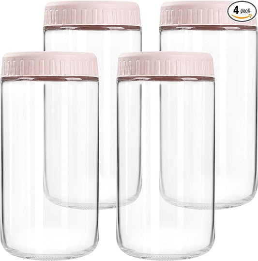 SHOWIN Overnight Oats Containers with Lids, 24oz Glass Jars with Lids 4 pcs, Pink, Wide Mouth Mason jars for Salad, Yogurt, Snacks, Meal Prep
