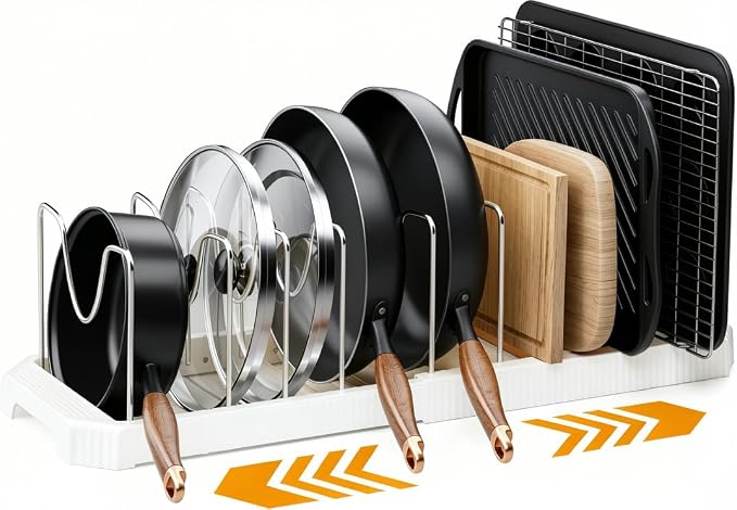 MUDEELA Pots and Pans Organizer under Cabinet, Expandable Rack with Pot Lid Holder and 10 Adjustable Dividers, Pan Organizers inside Cabinet for Kitchen Organization, Cutting Boards, Baking Sheets
